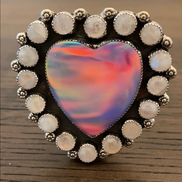 M and S Turquoise Jewelry - Galaxy Opal Heart Ring with Moonstone Cluster